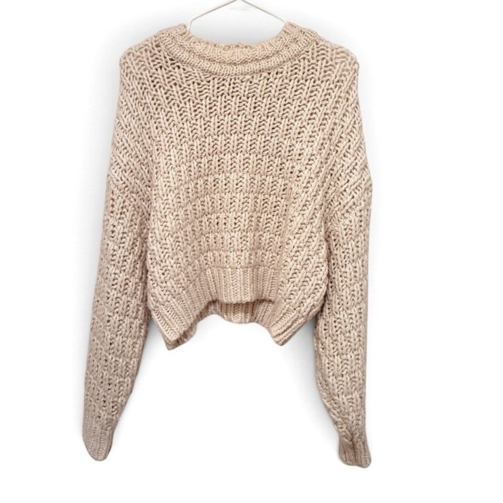 Chunky Half Fisherman Knit Cropped Cream Wool Blend Sweater M Cozy Casual